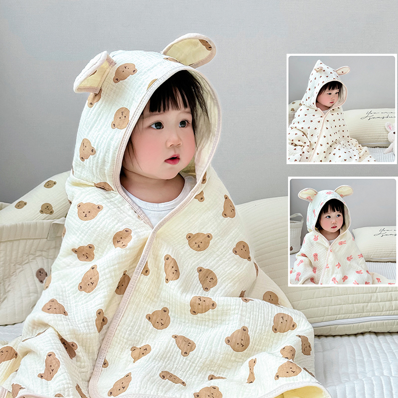 Baby Clothing Fabric - ผ้าขนหนูอาบน้ำเด็ก 4 ชั้นผ้ากอซผ้าฝ้ายผ้าคลุมผ้าเช็ดตัวพร้อมหมวกเด็กทารกโฟร์ซีซั่นส์เสื้อคลุมอาบน้ำการ์ตูนเด็กวัยหัดเดินผ้าขนหนูอาบน้ำนุ่ม