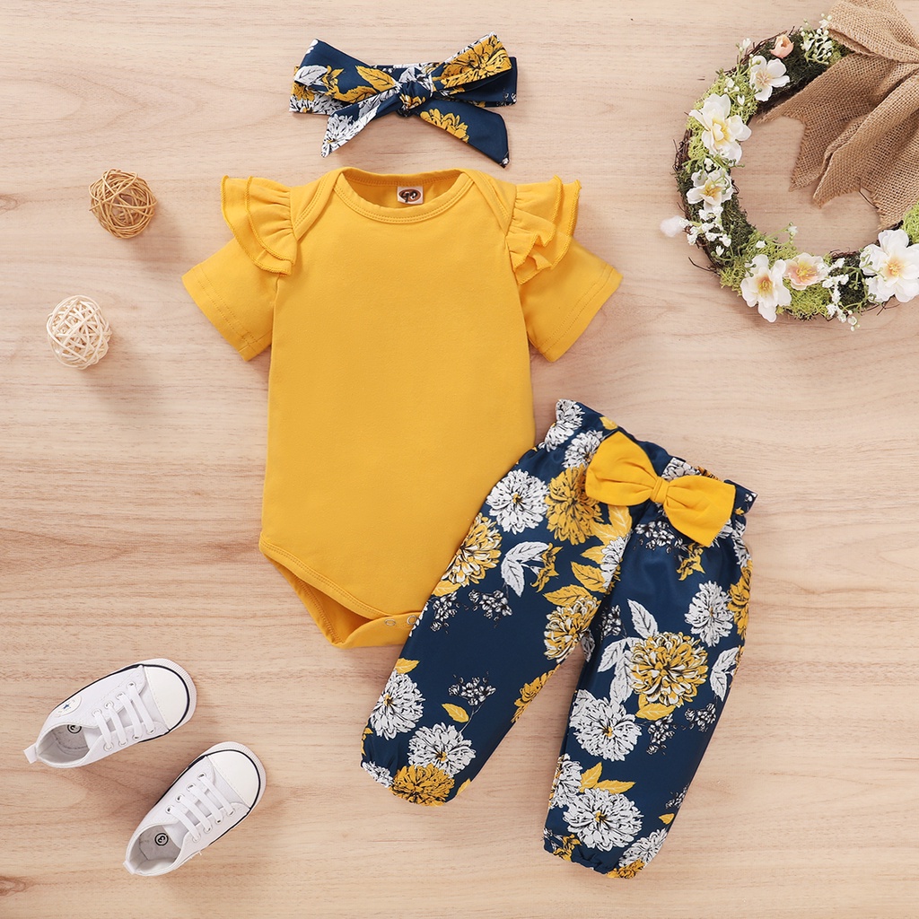 Baby Clothing Products - ทารกแรกเกิดเสื้อผ้าเด็กทารกชุดเด็กทารกแขนสั้น + กางเกงดอกไม้โบว์ + แถบคาดศีรษะ 3