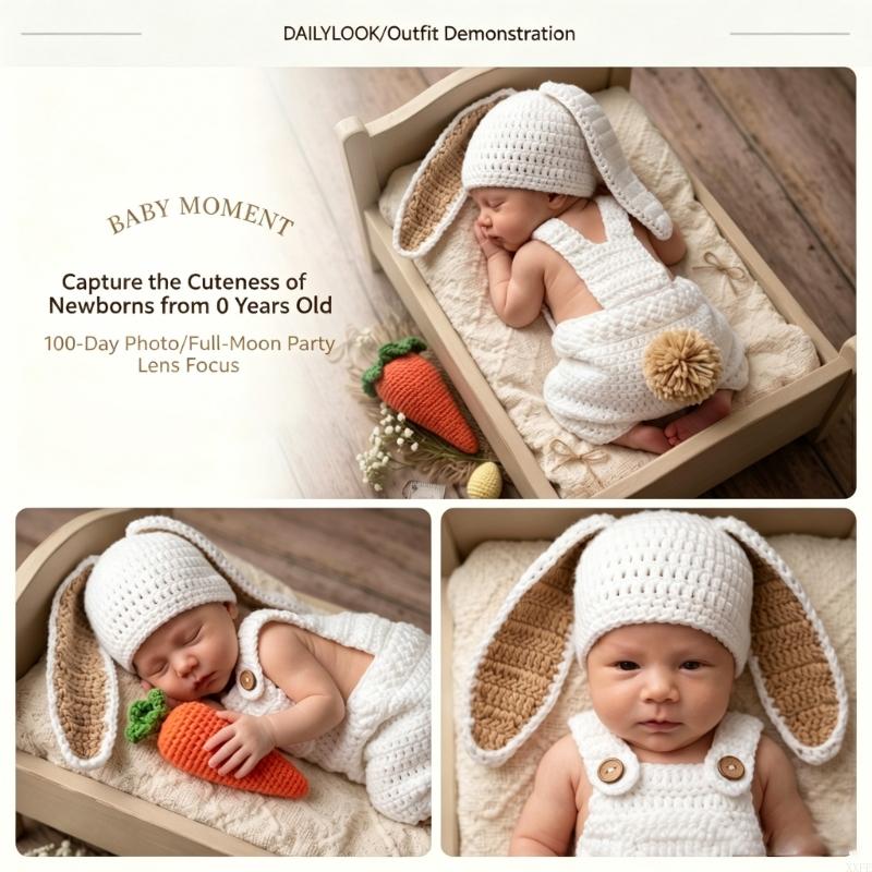 Baby Clothing Products - ชุดถ่ายภาพทารกแรกเกิดแบบถักโครเชต์ ชุดรอมเปอร์ธีมกระต่ายพร้อมหมวก สำหรับเด็กอายุ 0-3 เดือน สำหรับถ่ายภาพในสตูดิโอ