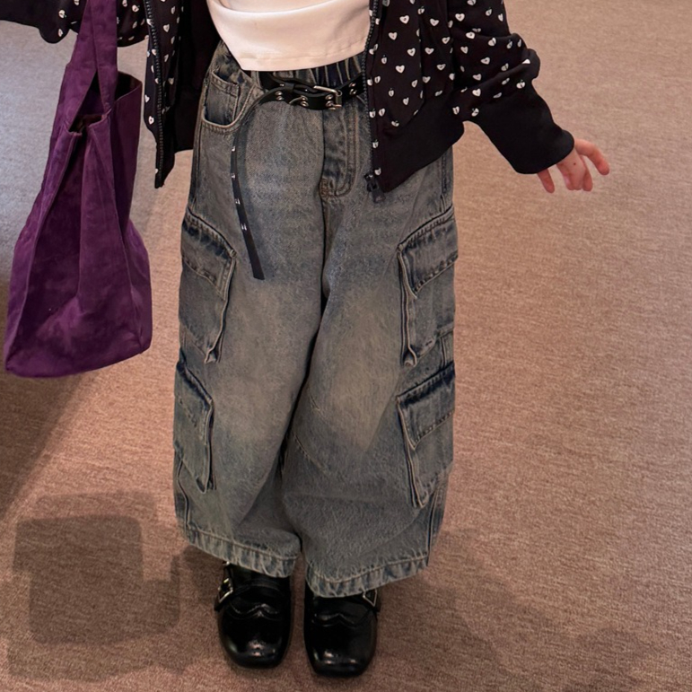 Baby Clothing Made In Usa - กางเกงเด็กผู้หญิง 2026 คอลเลคชั่นฤดูใบไม้ผลิและฤดูใบไม้ร่วง เสื้อผ้าเด็กใหม่ สไตล์เกาหลี กางเกงยีนส์ทรงคาร์โก้แบบขากว้างหลายกระเป๋า