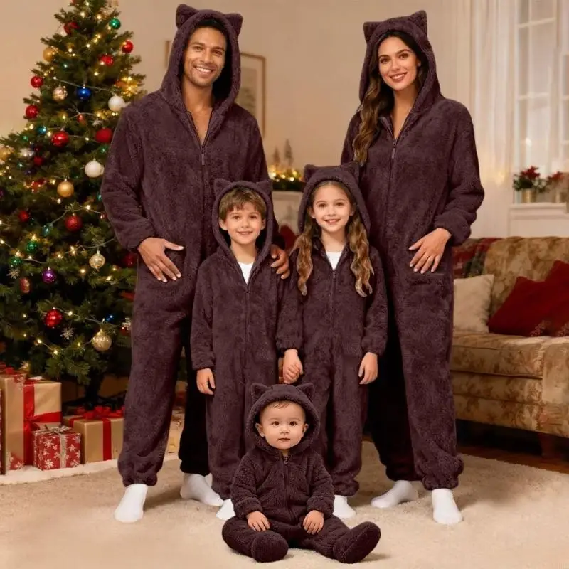 Baby Clothing Zipper - CORB ขนแกะ Plush WARM ชุดนอนสำหรับครอบครัวผู้หญิงผู้ชายเด็กทารกชุดนอนคริสต์มาสหมีหู Hooded